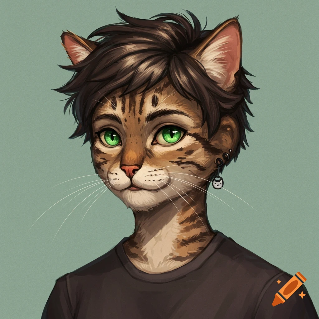 Portrait of an anthropomorphic cat character with green eyes.