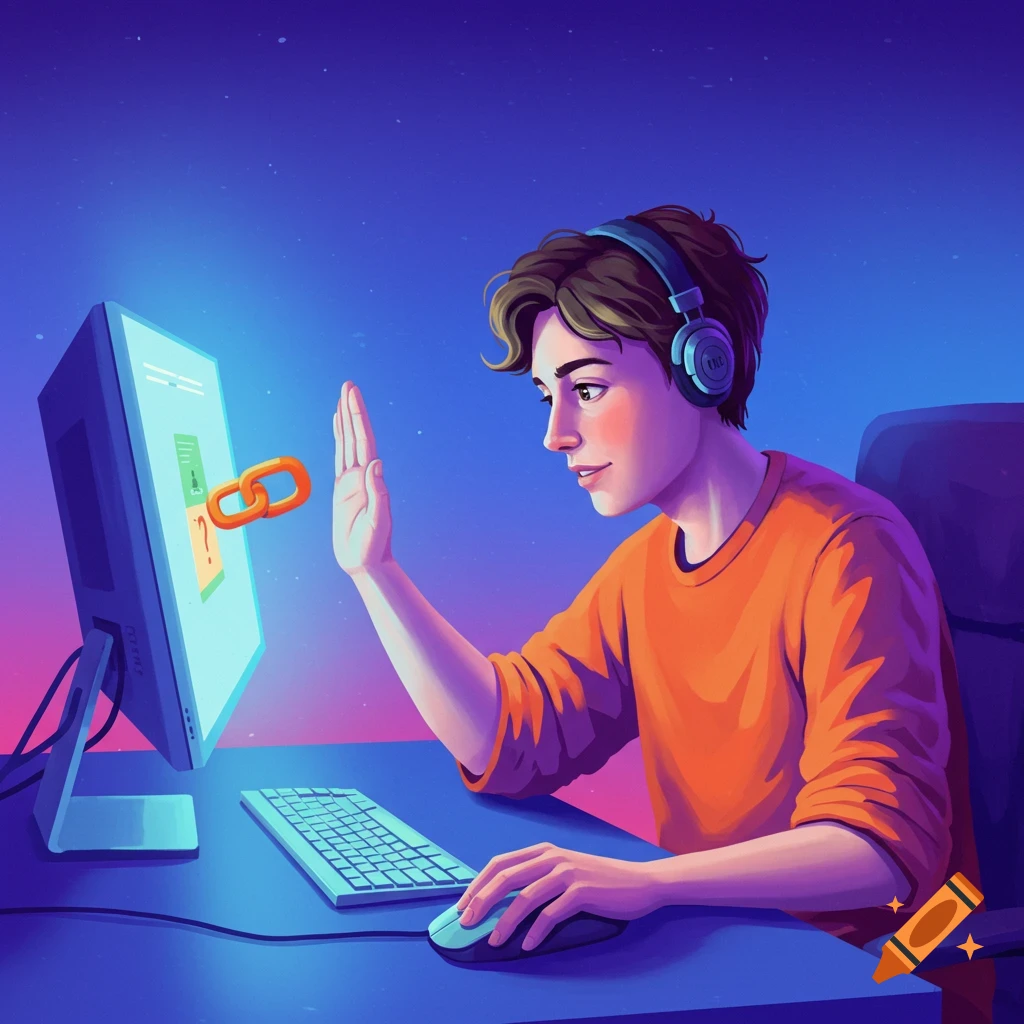 A young man wearing headphones sits at a computer, raising a hand toward a chain link icon on the screen.