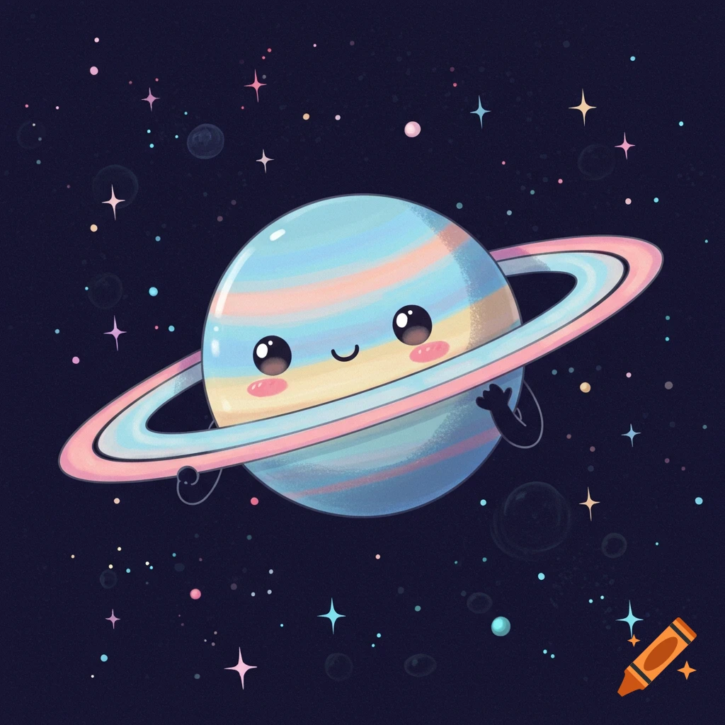 Cute cartoon of the planet Saturn with a face and rings floating in space with stars.
