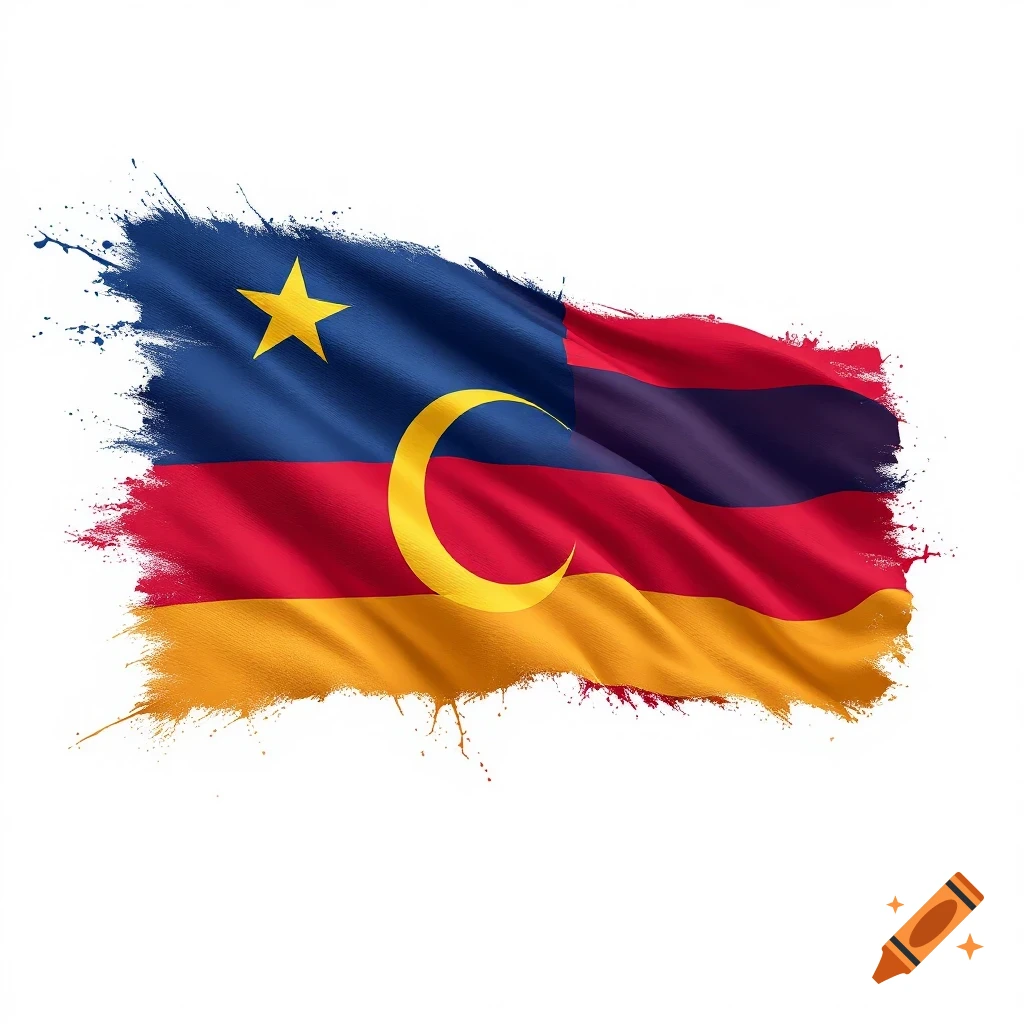 Flag design with blue, red, and orange stripes, a yellow star, and a yellow crescent, rendered in a paint splatter style.