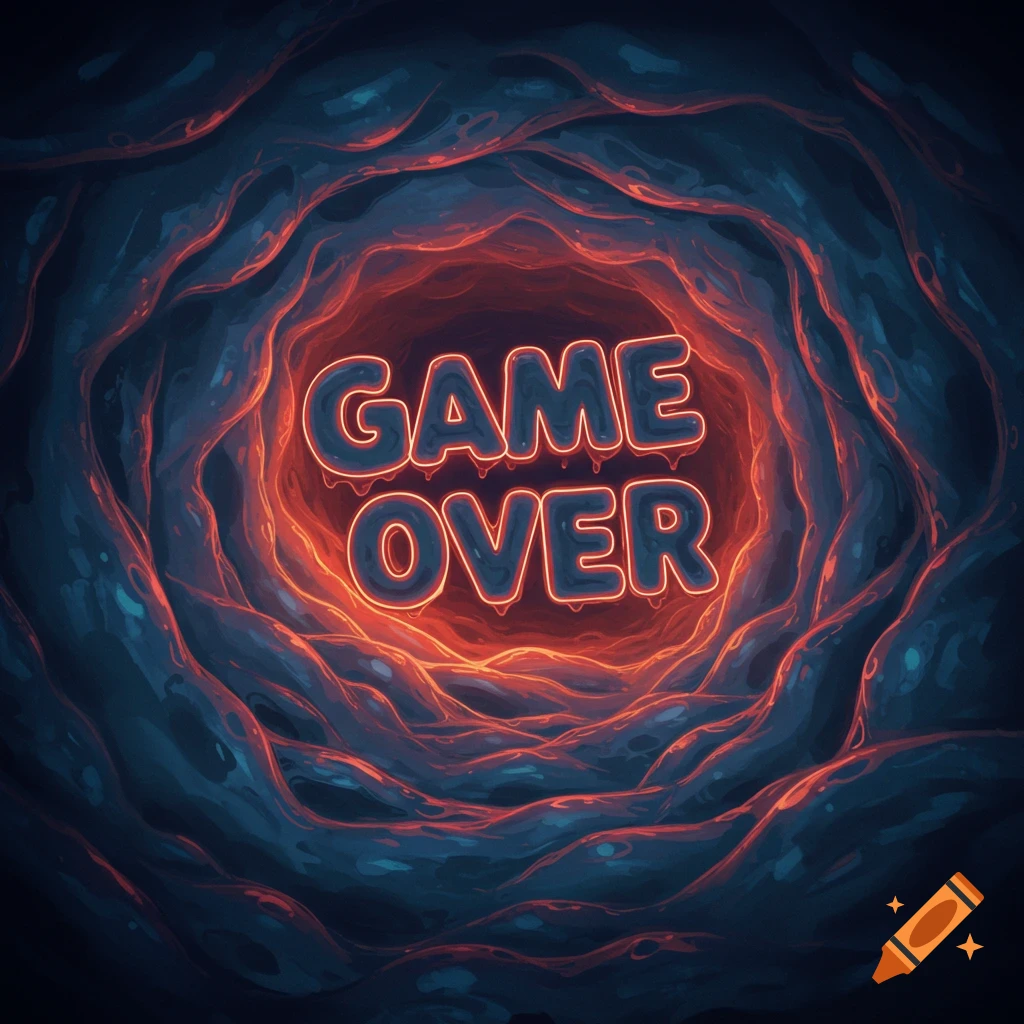 Glowing 'Game Over' text in a surreal, organic cave