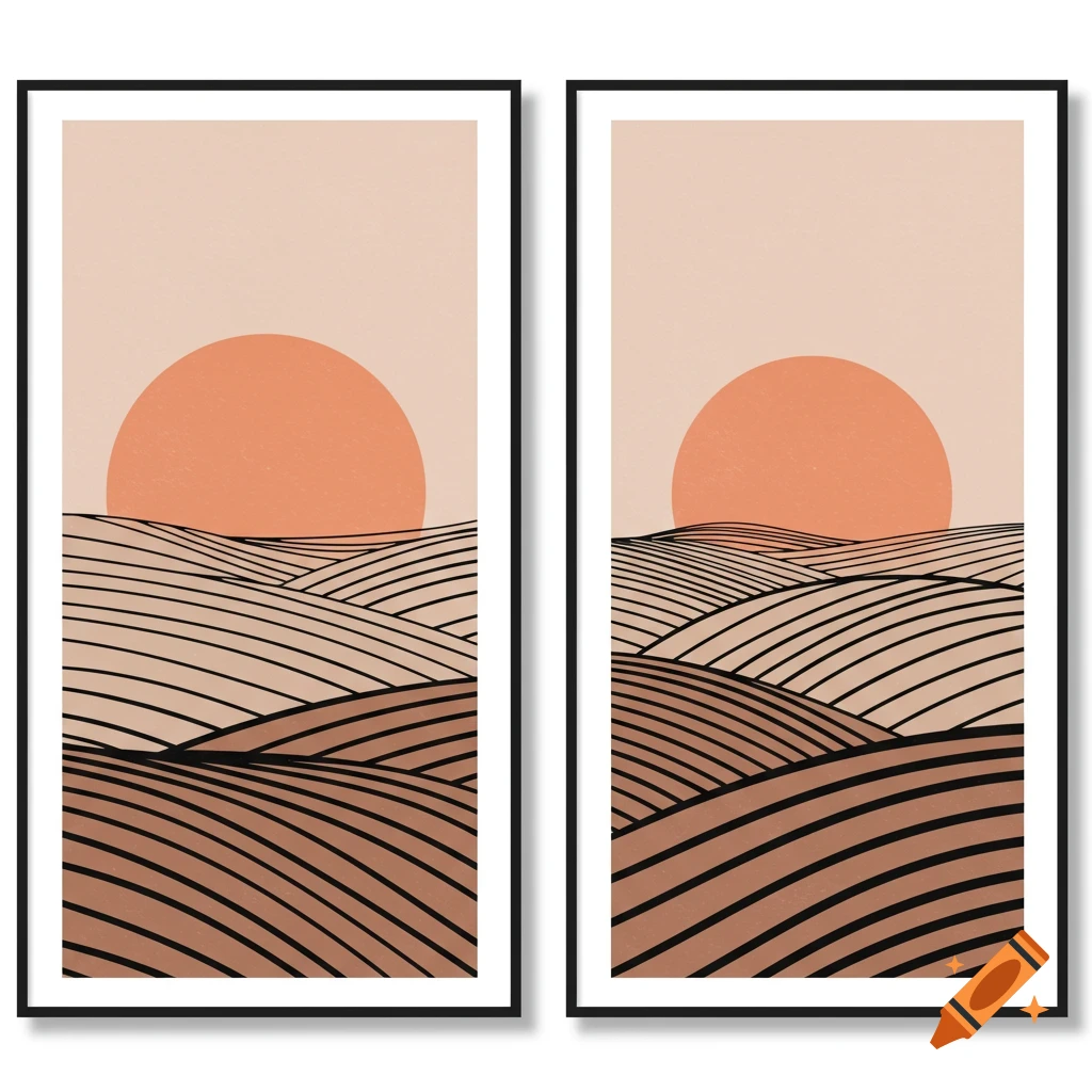 Two framed minimalist art prints showing a peach sun over rolling hills with black lines.