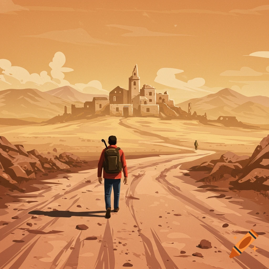 A man with a backpack walks down a dusty road towards a ruined village in a desert landscape. Vector graphic illustration.