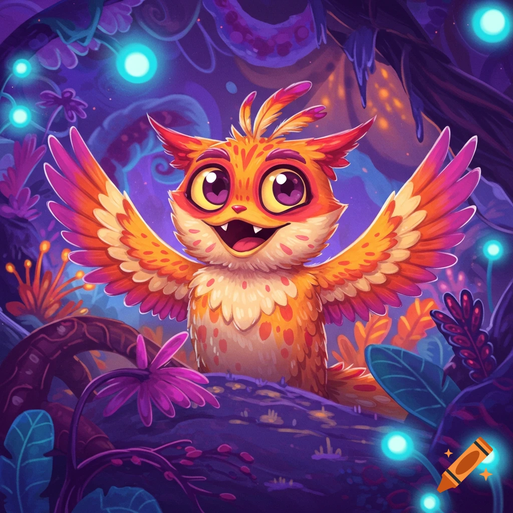 A cute orange fantasy creature with large eyes and colorful wings in a glowing purple forest.