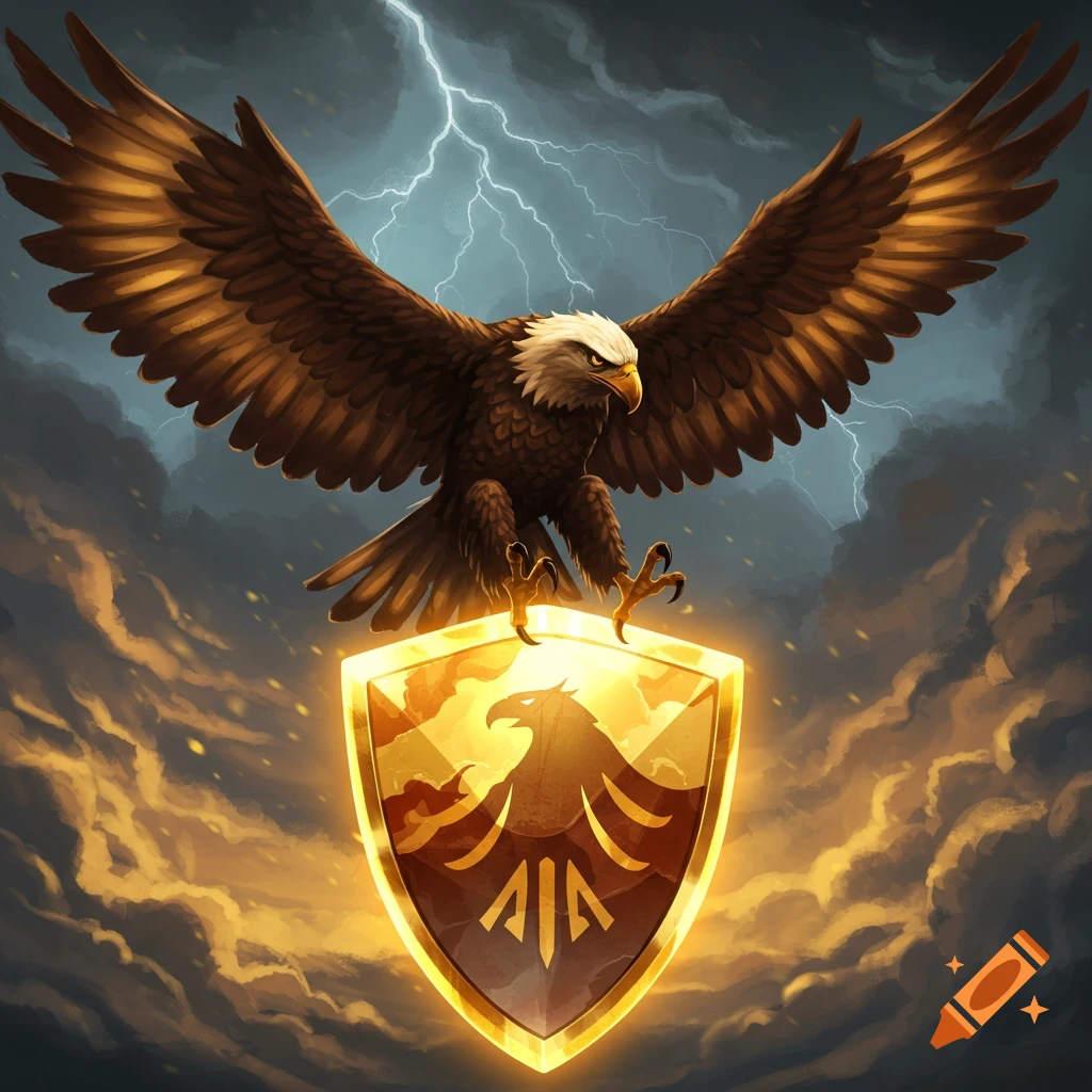 An eagle with outstretched wings is perched on a glowing shield, set against a stormy sky with lightning.
