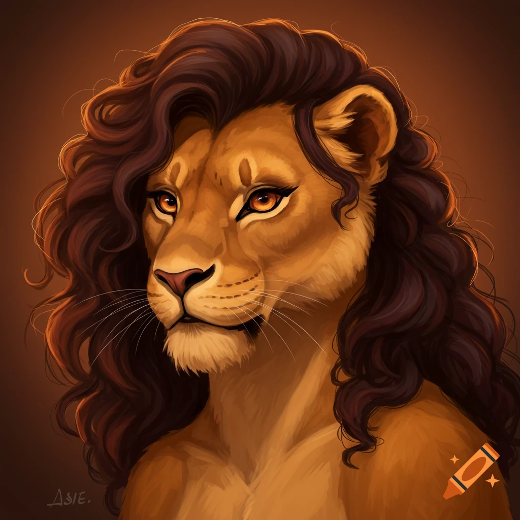 Portrait of a female lion with long curly hair and eyeliner.