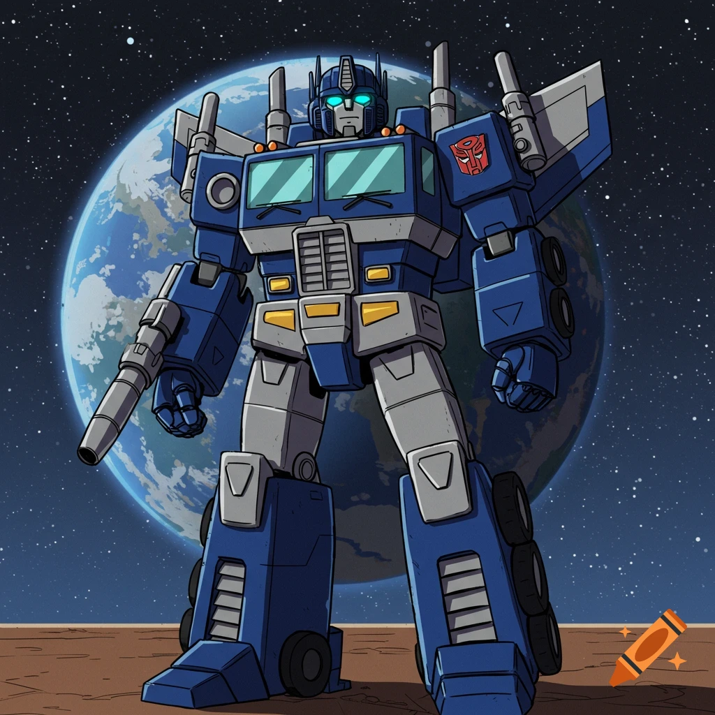 Cel-shaded illustration of a blue and grey robot resembling Optimus Prime standing heroically with Earth in the background.