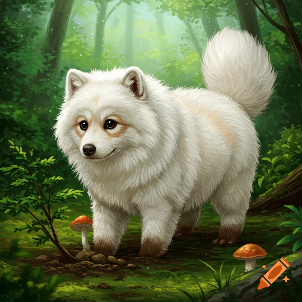 A fluffy white dog-like creature is in a forest with mushrooms.
