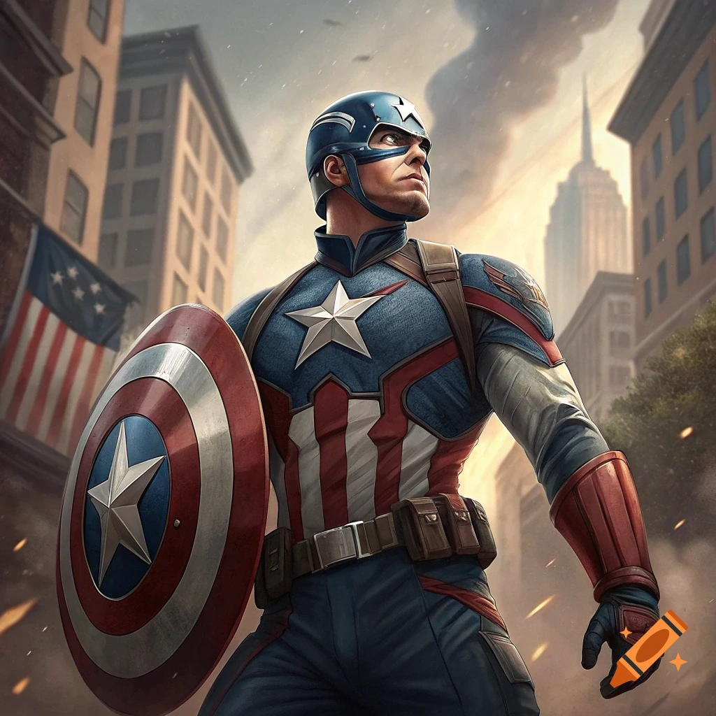 Captain America stands in a city street, shield in hand, with flag and Empire State Building in background.