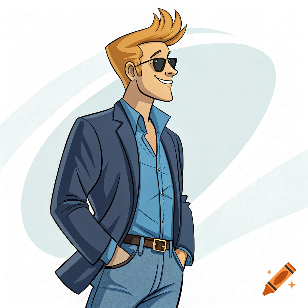 Cartoon illustration of a man resembling Johnny Bravo, with blonde hair and sunglasses, wearing a blue suit and jeans, smiling.