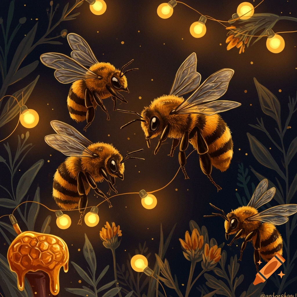 Honeybees flying around string lights with honey and leaves in a warm, dark setting