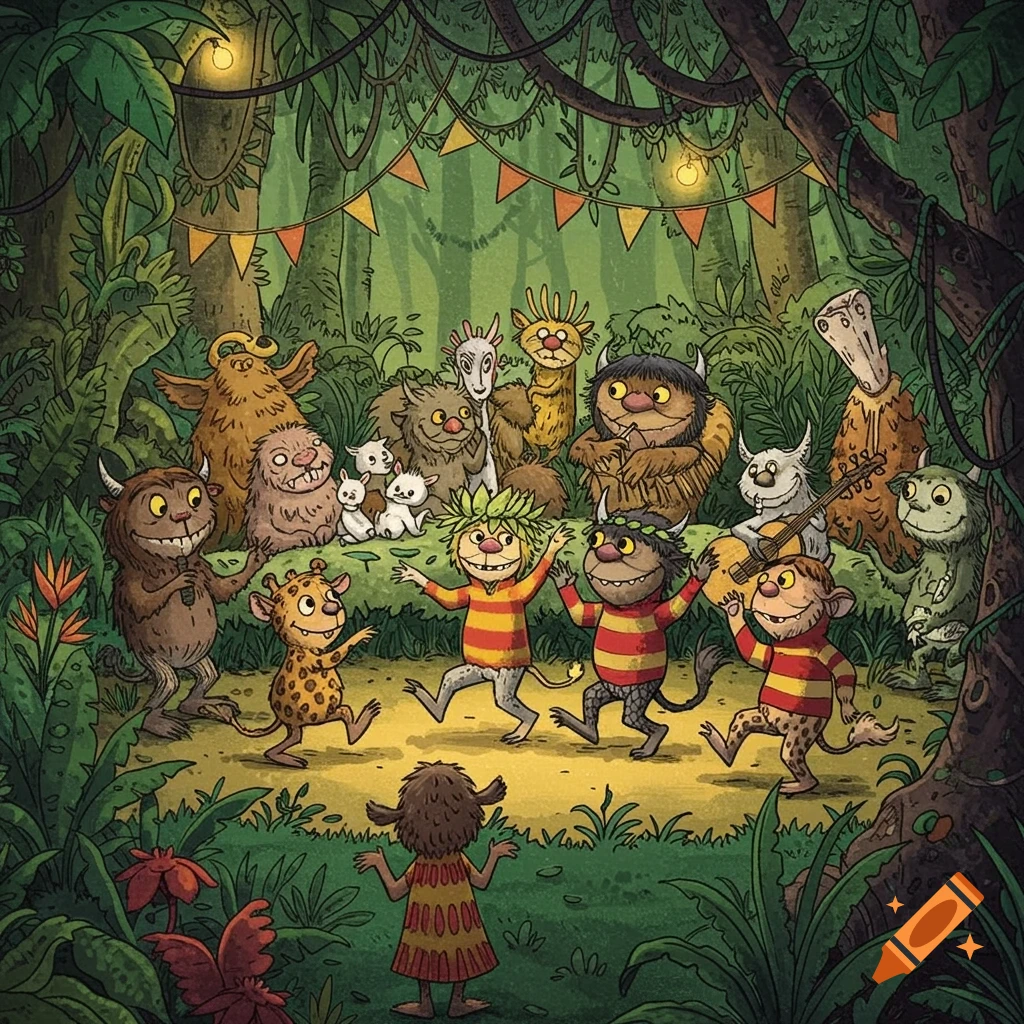 Illustrated monsters dance and play music at a party in a forest.