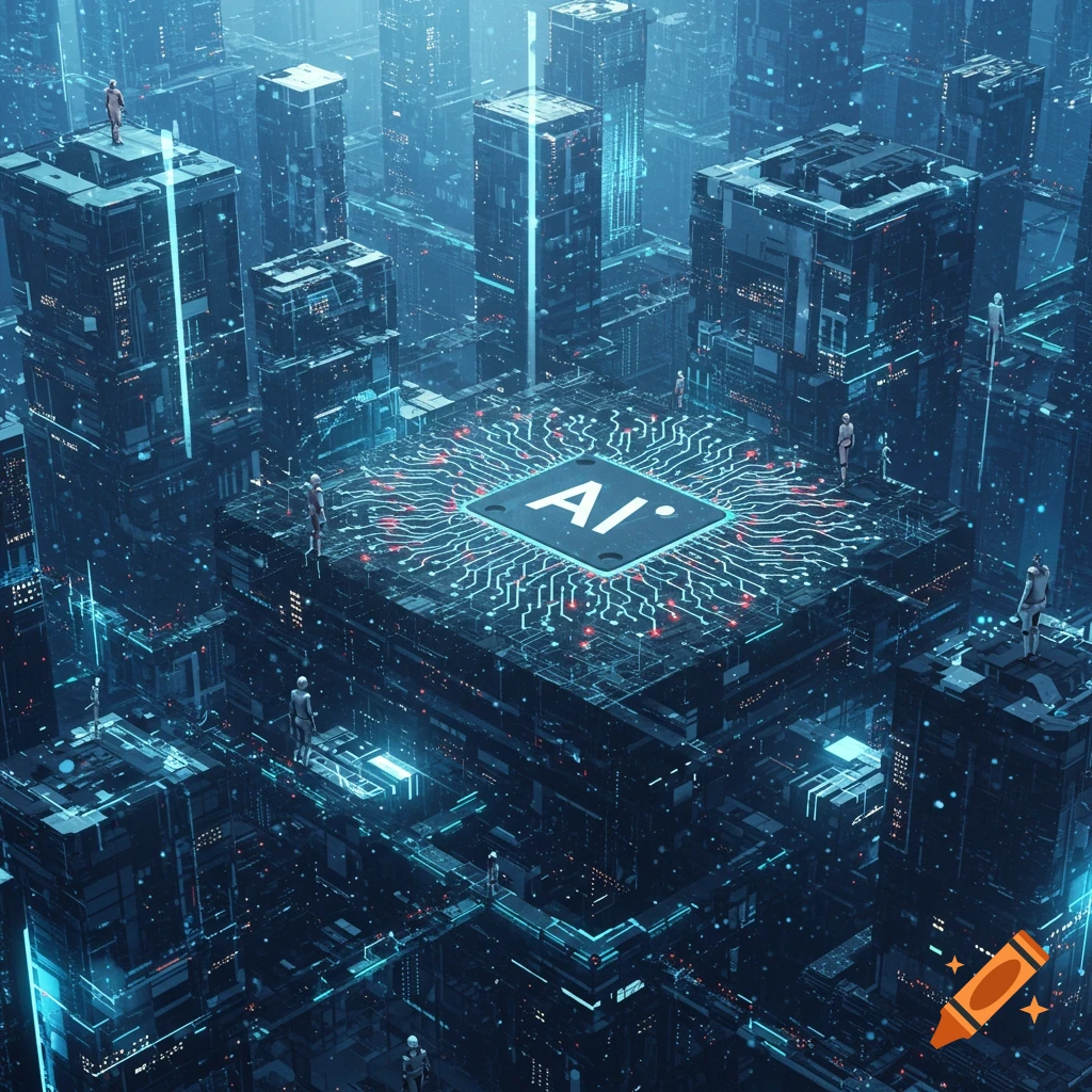 A futuristic city with a large AI chip at the center, featuring glowing circuits and small human figures