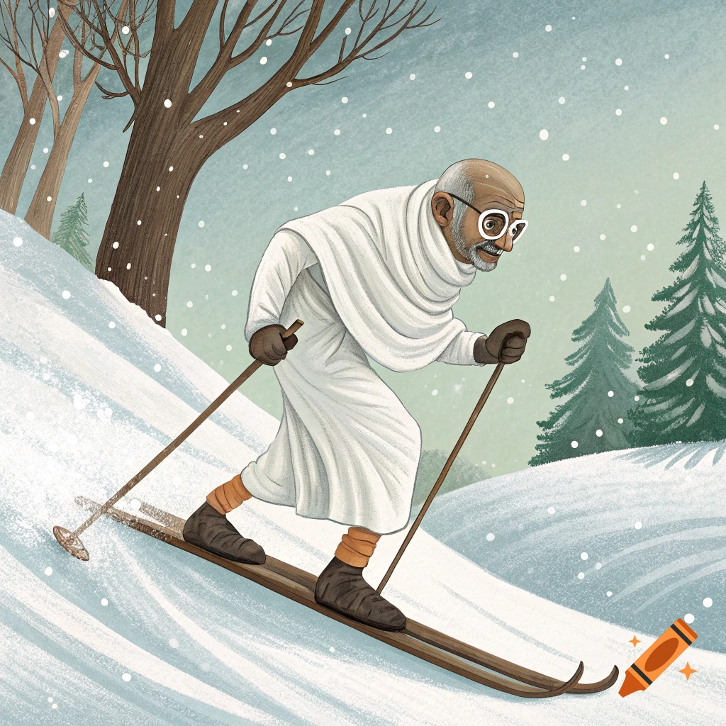 Illustration of Gandhi skiing down a snowy slope.