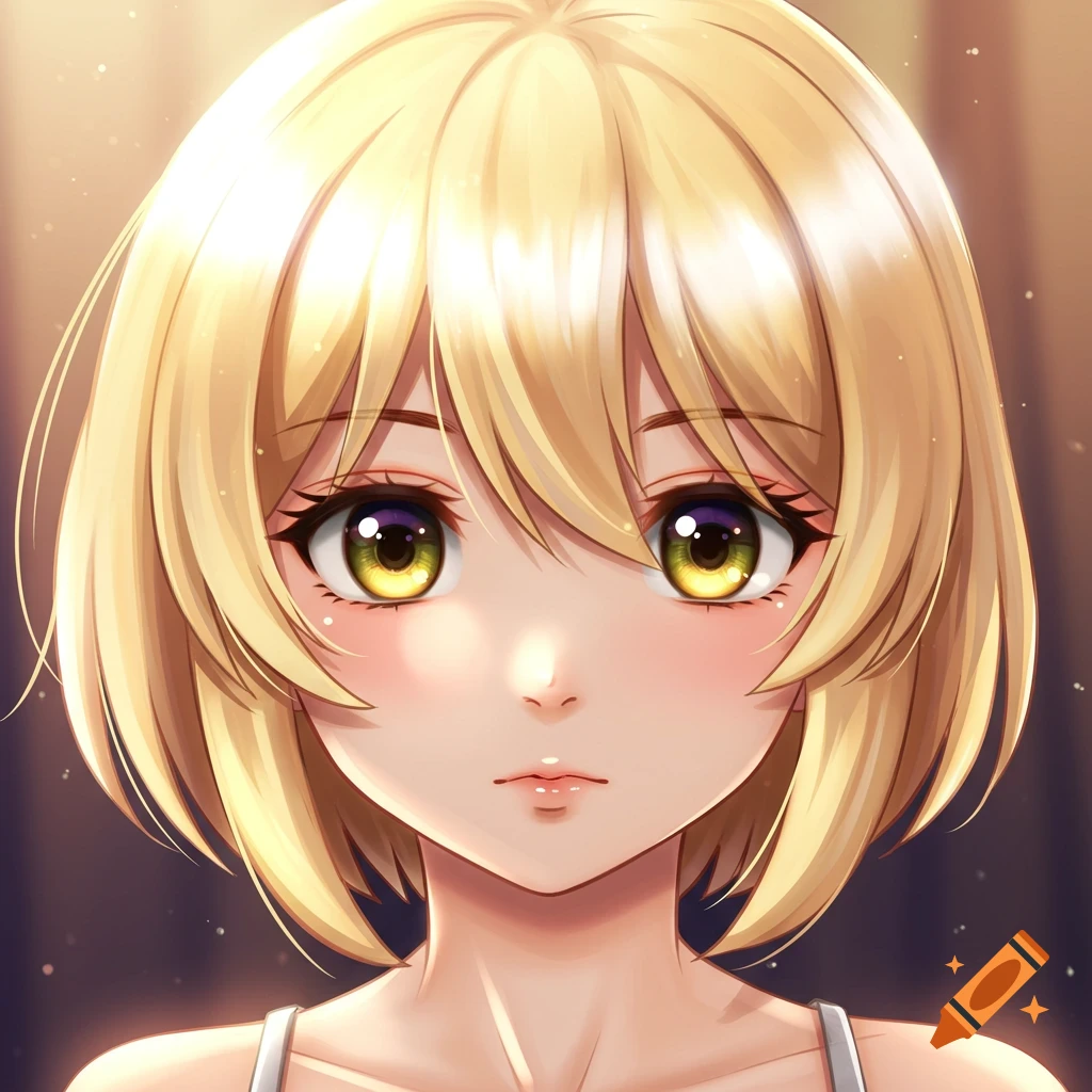 Close-up anime portrait of a girl with blonde hair and hazel eyes.