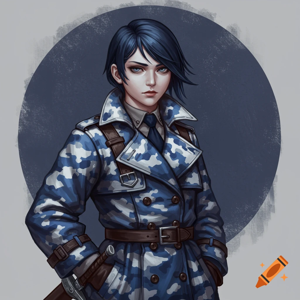 A woman with blue hair and pale blue eyes wearing a blue and white camo trench coat.