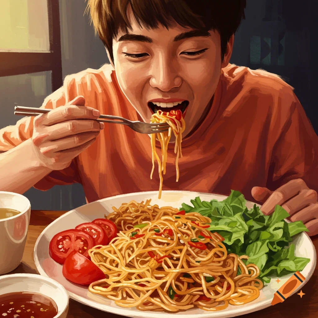 A person is eating noodles with a fork and chopsticks.