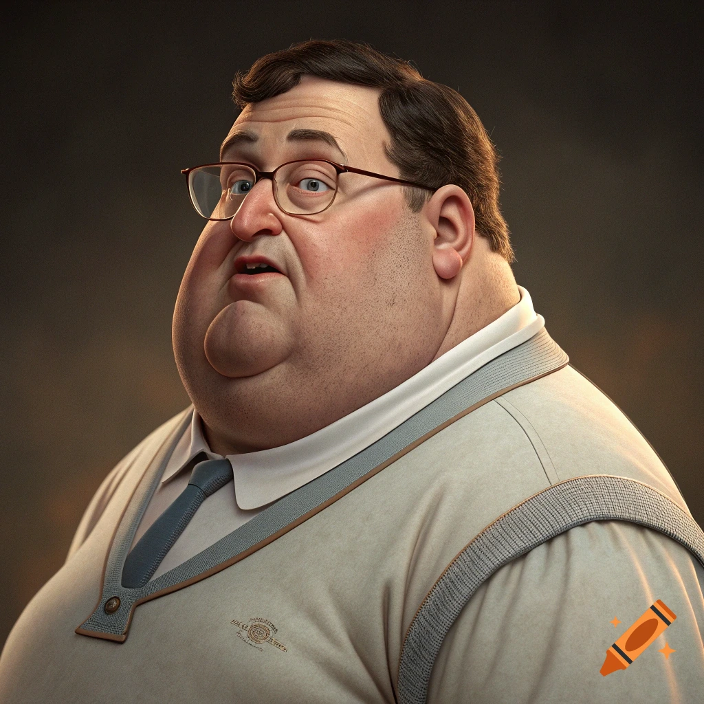 Detailed 3D render resembling Peter Griffin, a very fat man in glasses and a sweater vest, with a surprised expression.