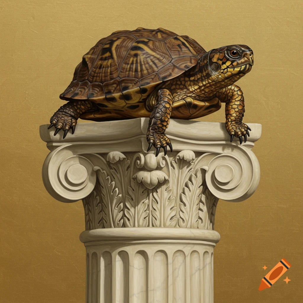 A box turtle is on a white scroll ionic column capital.