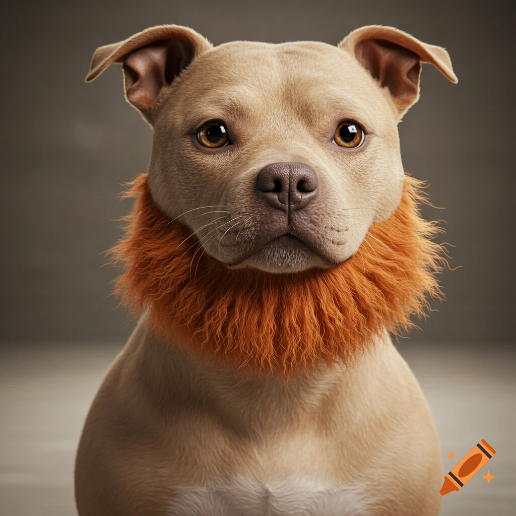 Photorealistic studio portrait of a pit bull dog wearing a large orange fluffy ruff.