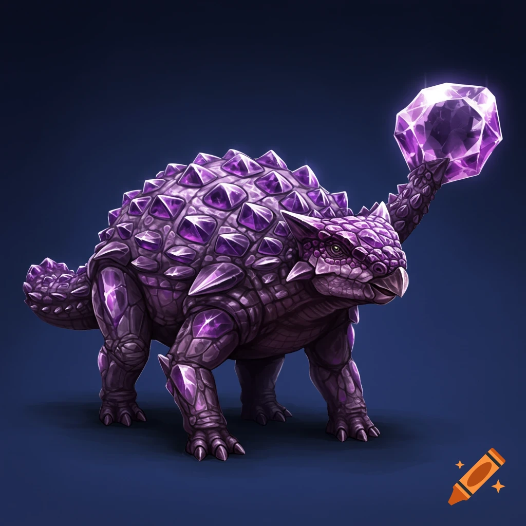 A purple Ankylosaurus made of gemstones, holding a large crystal.