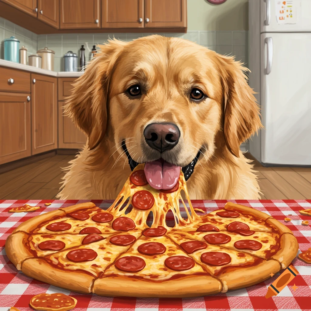 A golden retriever dog is eating a large pepperoni pizza in a kitchen.