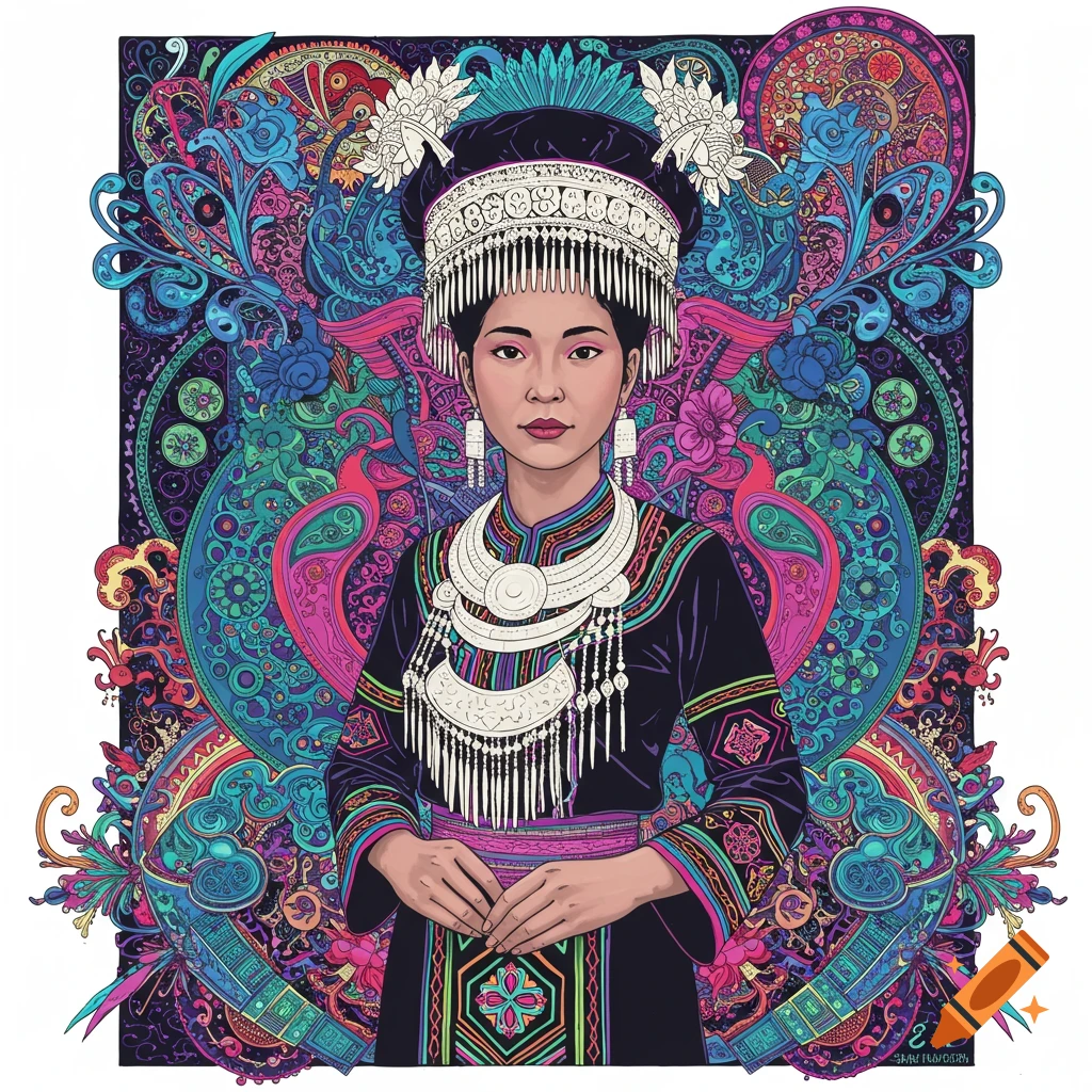 A Hmong woman in traditional dress and headdress against a colorful psychedelic background.