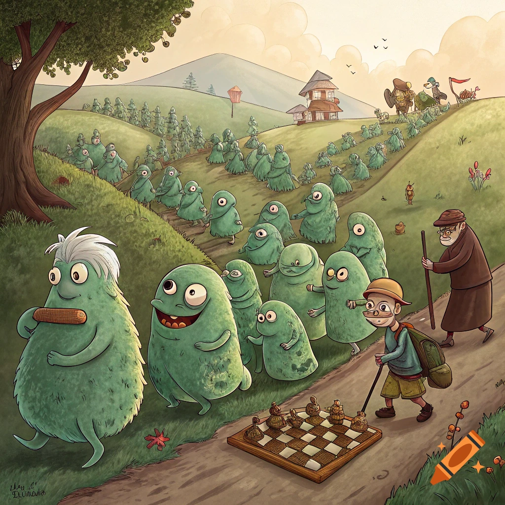 A group of green blob monsters, an old man, and a boy stand near a chessboard, with more monsters marching up a hill behind them. Illustration.