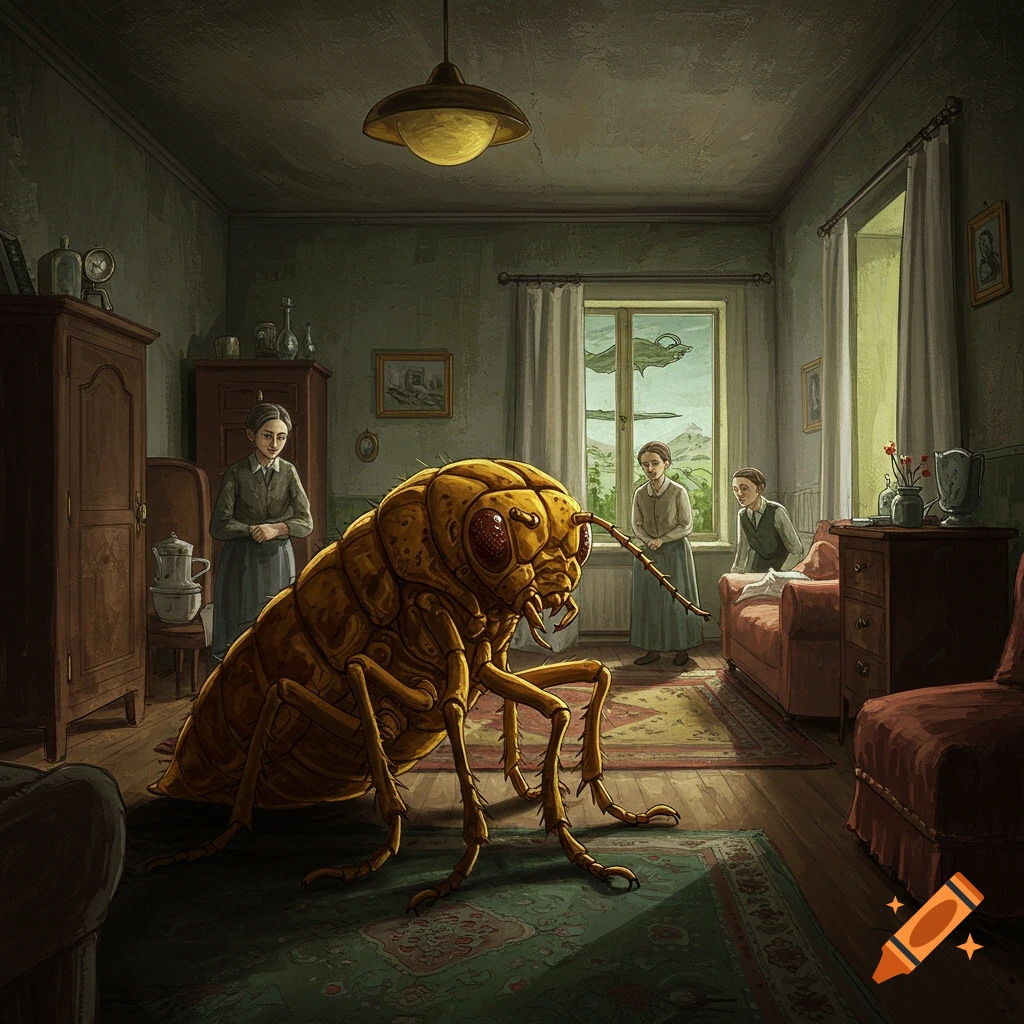 A giant insect stands in a room with several people.