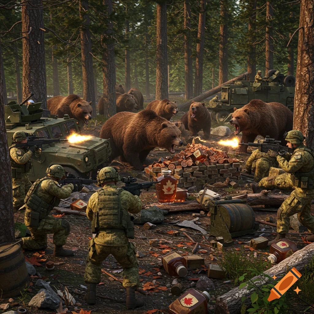 Realistic 3D render of Canadian soldiers fighting a horde of angry brown bears in a forest.