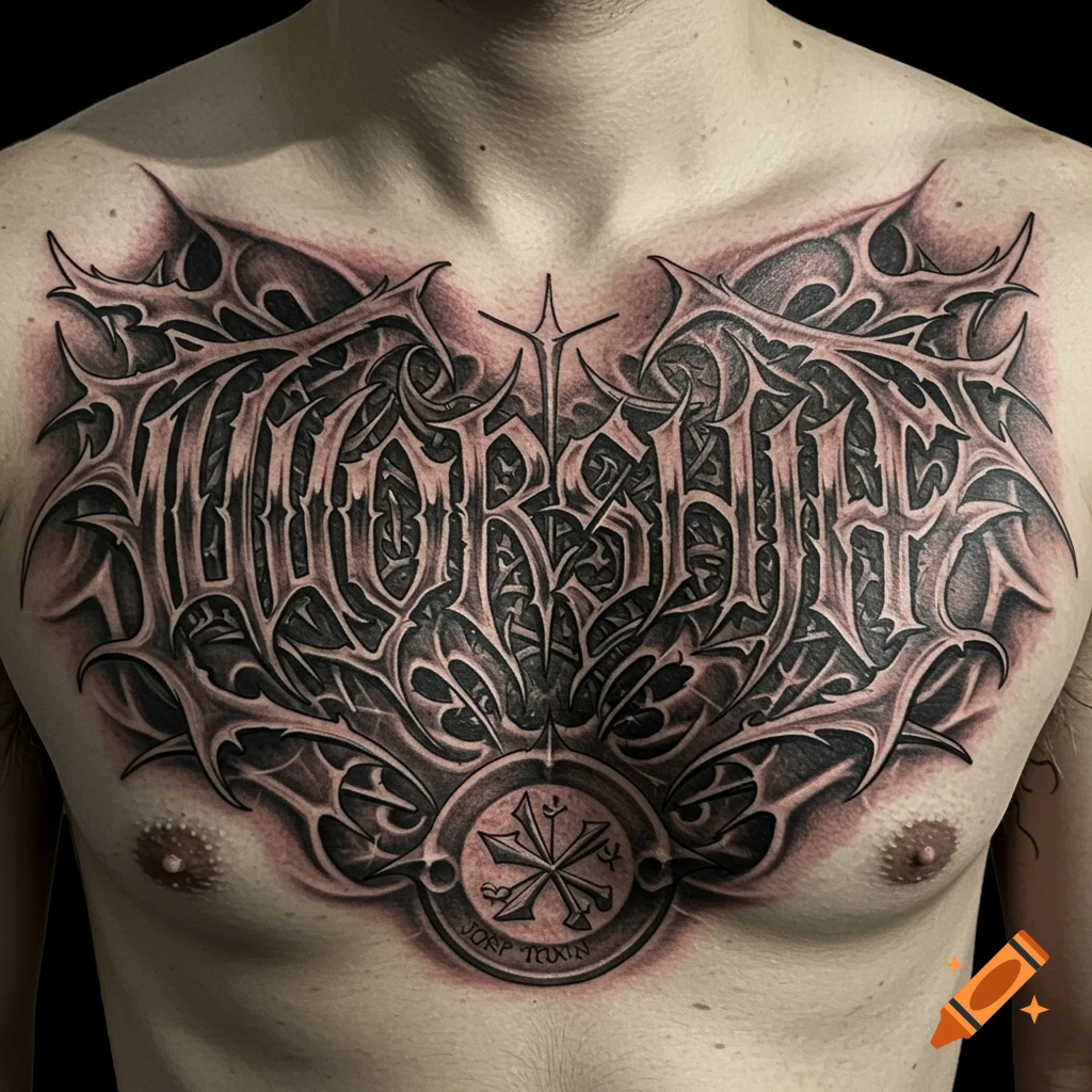 Death metal style chest tattoo with text 'WORSHIP' and a symbol