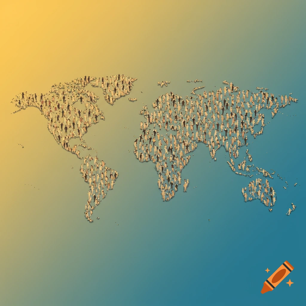 World map formed by tiny human figures on a yellow and blue gradient background.
