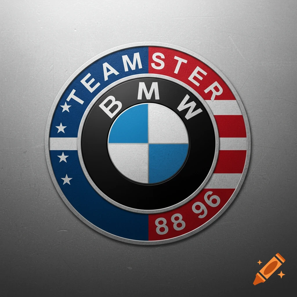 A logo combining BMW and Teamsters symbols on a metallic background.
