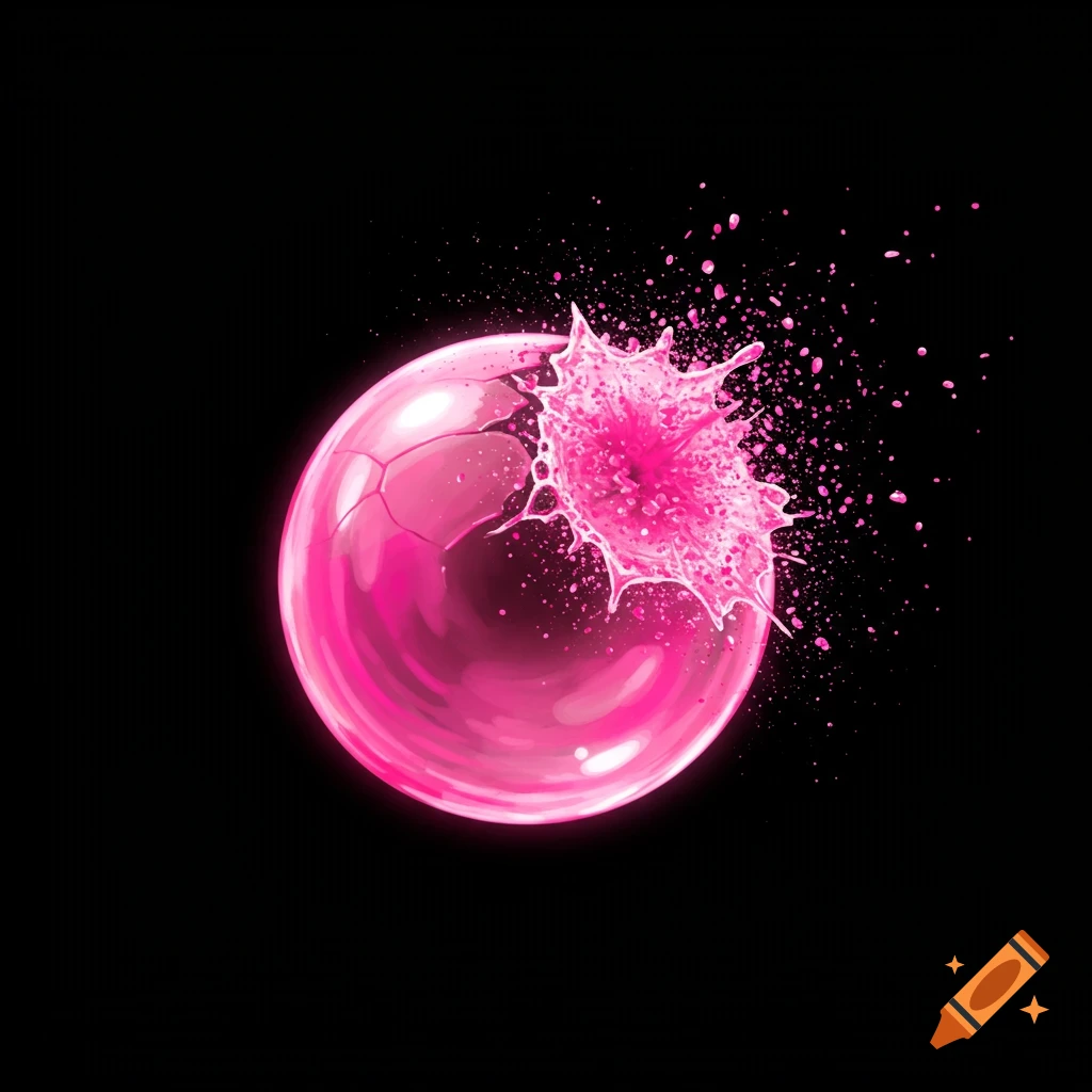 A pink bubble popping with splatters on a black background.