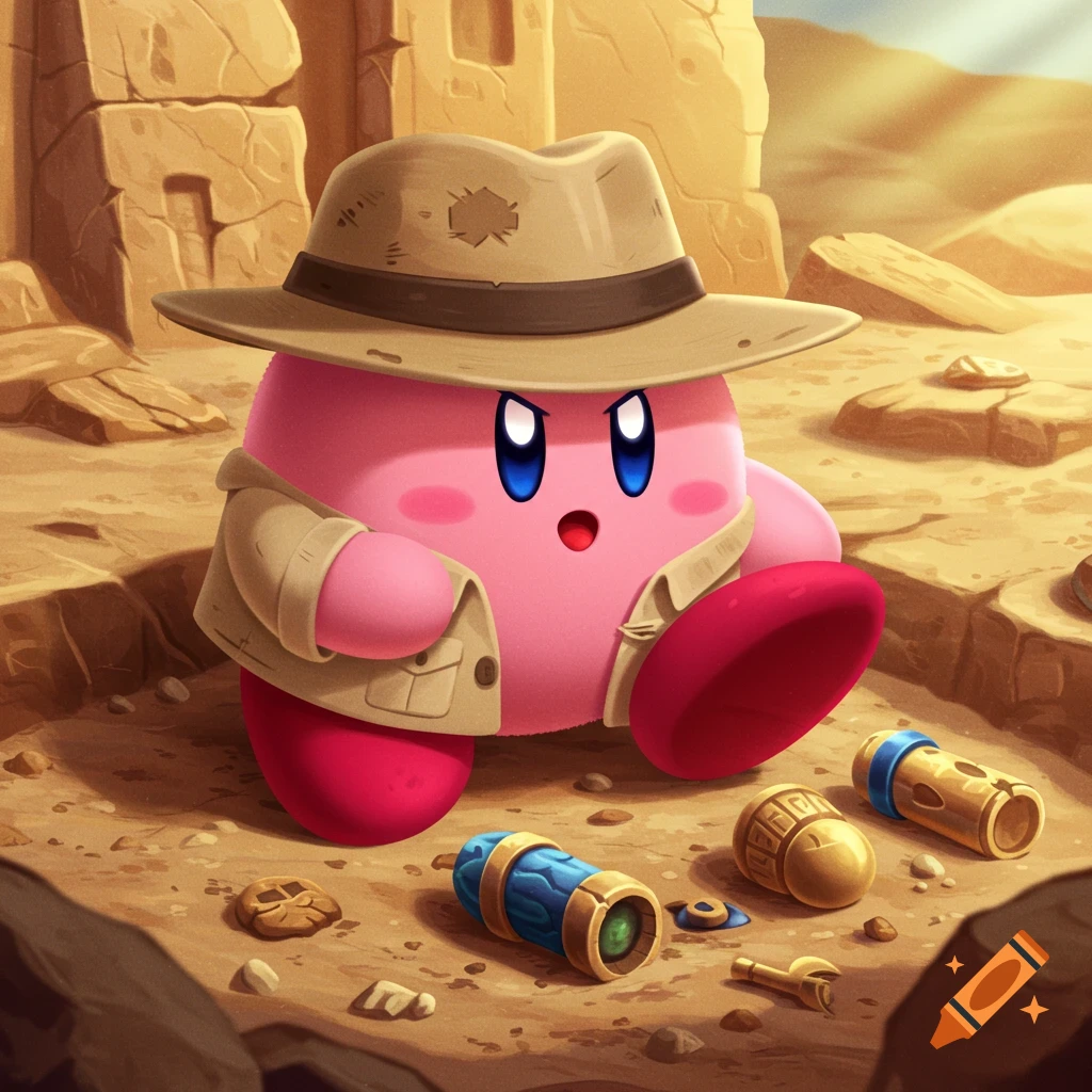 Kirby in an explorer hat and vest sits in a sandy desert with ancient ruins and artifacts.
