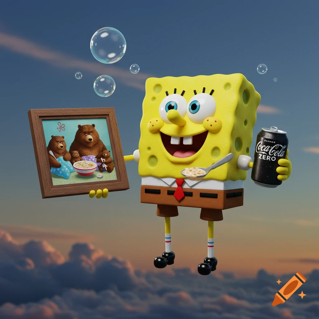 SpongeBob floats in the sky, holding a framed picture of bears and a can of Coca-Cola Zero, eating chowder.