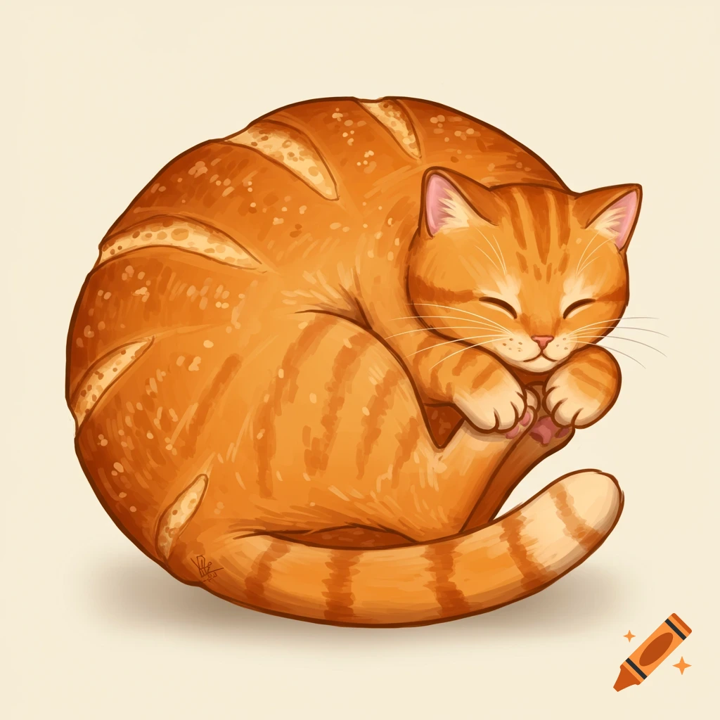 An orange cat curled up like a loaf of bread.