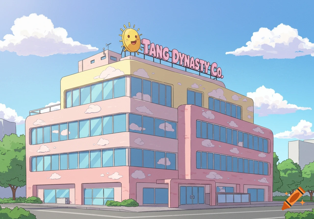 A brightly colored cartoon office building with a smiling sun logo and a sign reading "Tang Dynasty Co."