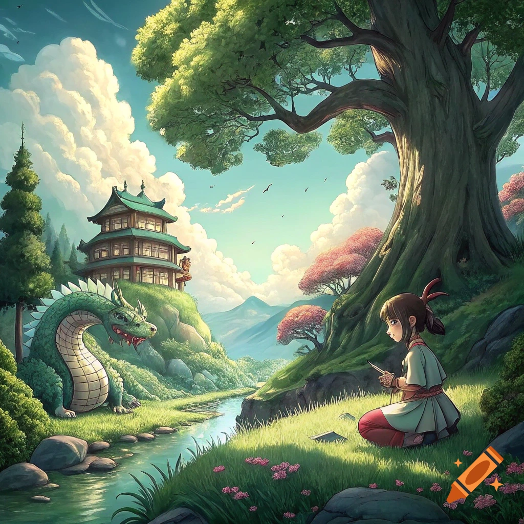 Studio Ghibli style scene with girl, green dragon, and pagoda by river
