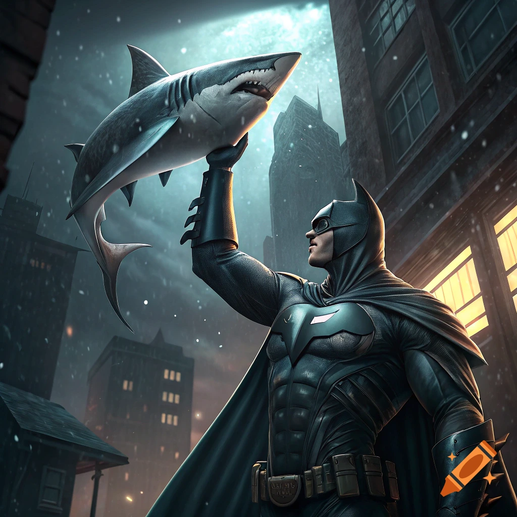 Batman holding a shark high in the air in a snowy cityscape at night.