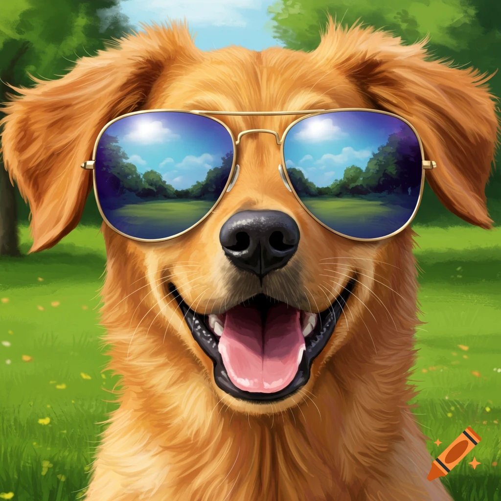 A golden retriever dog wearing sunglasses smiles in a park.