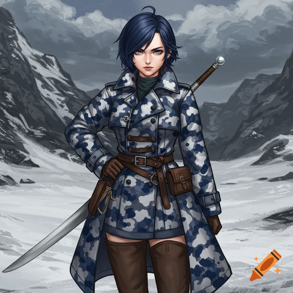 A woman in a blue and white camo coat holds a sword in a snowy mountain pass.