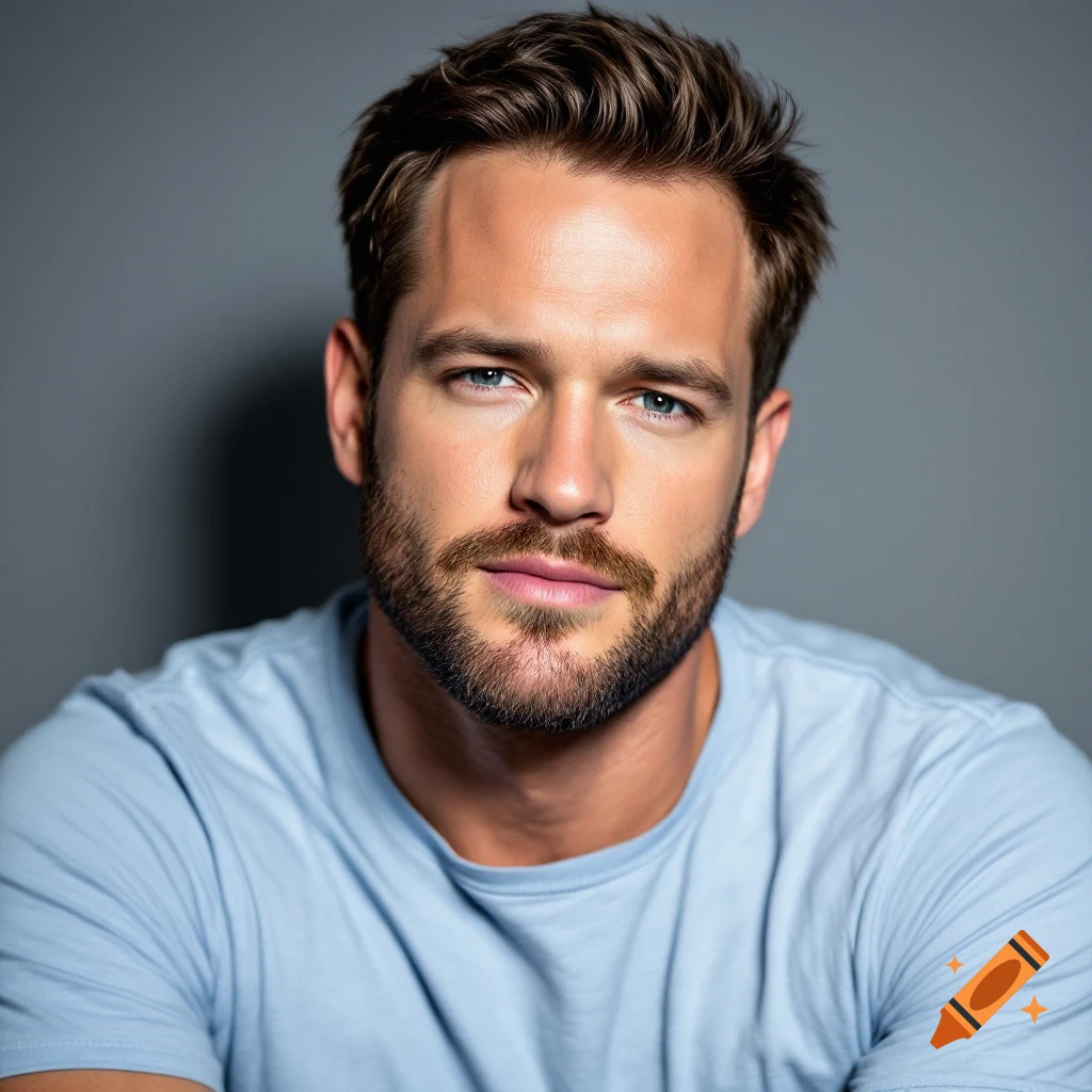 Close-up photorealistic portrait of a man with a beard wearing a light blue t-shirt against a gray background.