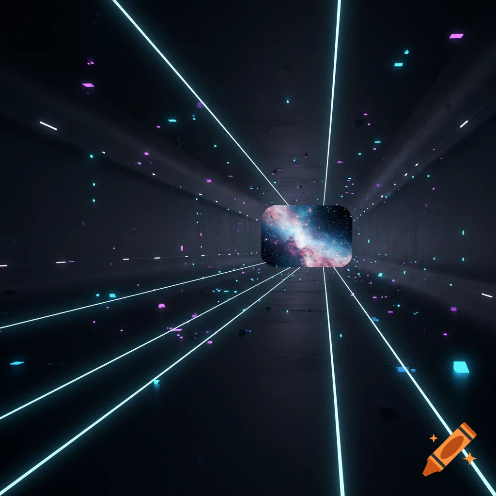 A futuristic tunnel with glowing lines leading to a view of a galaxy.