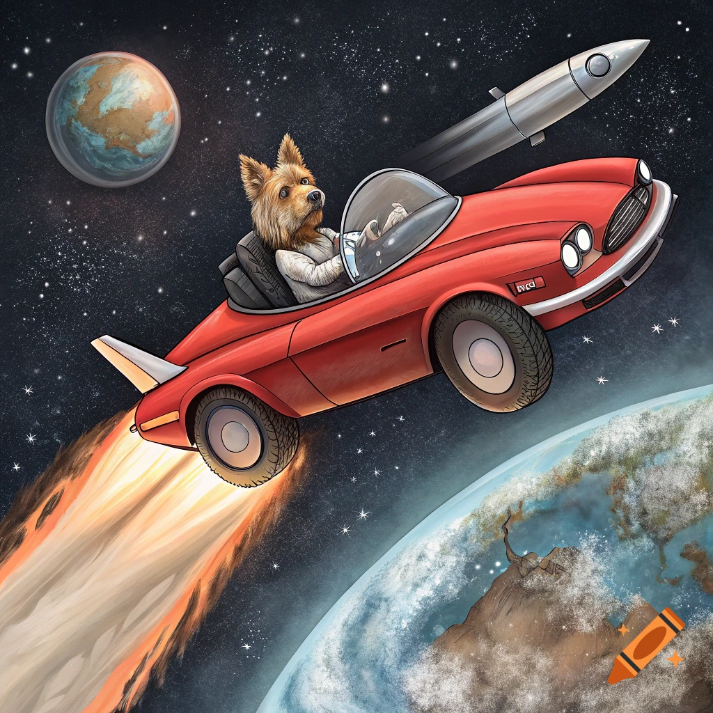 An illustration of a dog driving a red car in space past Earth and a rocket.
