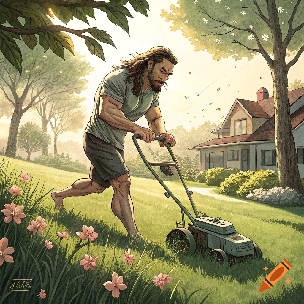 A man with long hair and beard pushes a lawn mower on a grassy hill in front of a house.