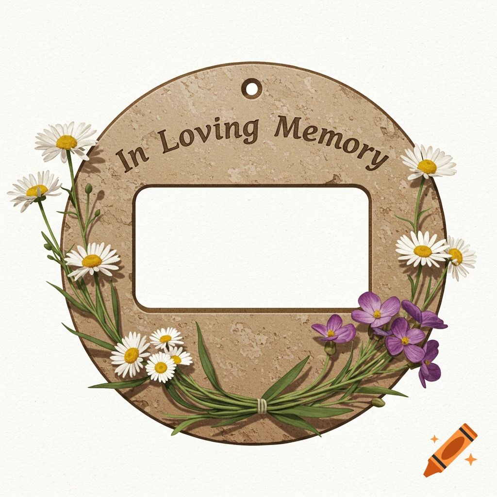 A stone memorial plaque with "In Loving Memory" text, a rectangular photo space, and flowers around the base.