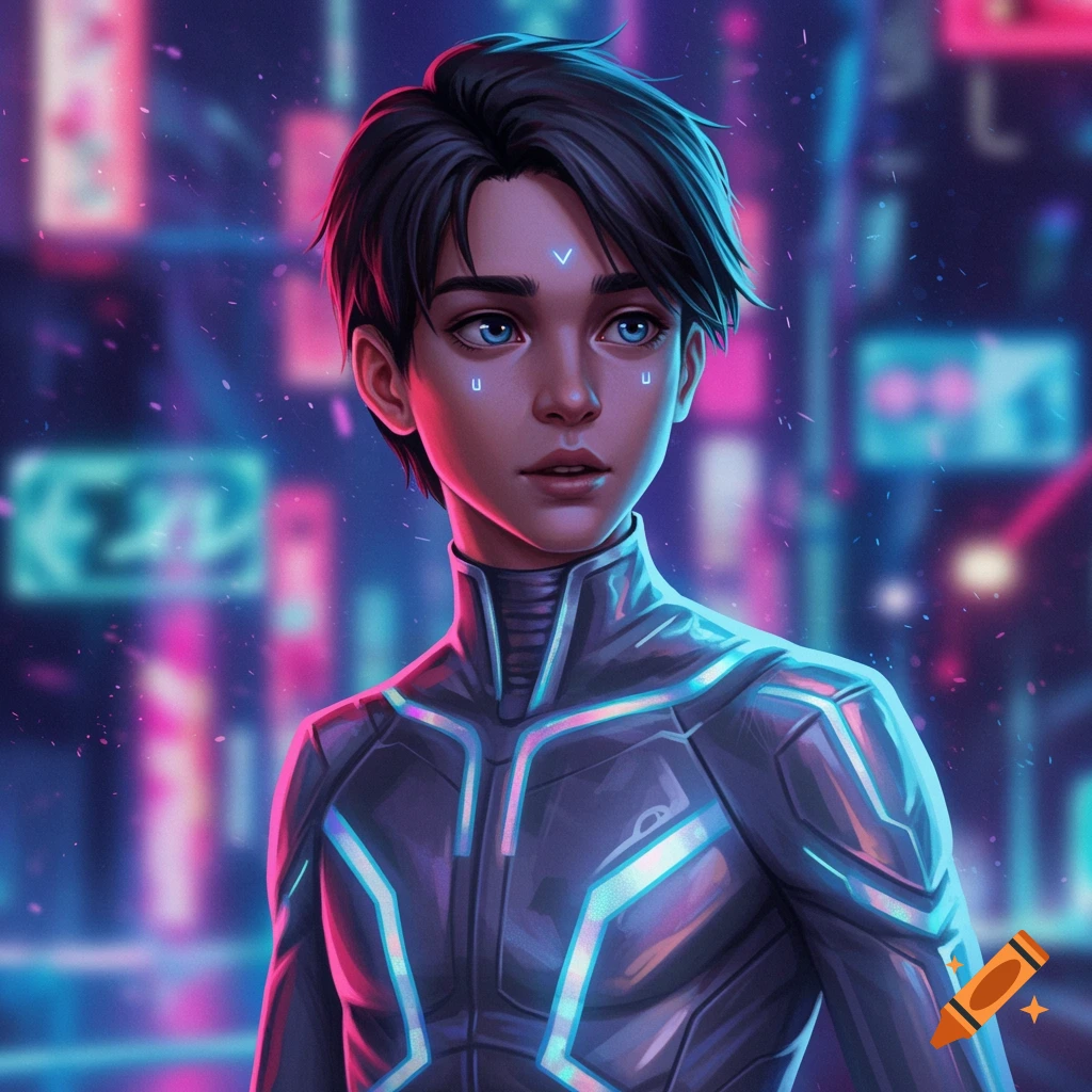 A young boy in a futuristic suit with blue eyes stands against a neon cityscape.