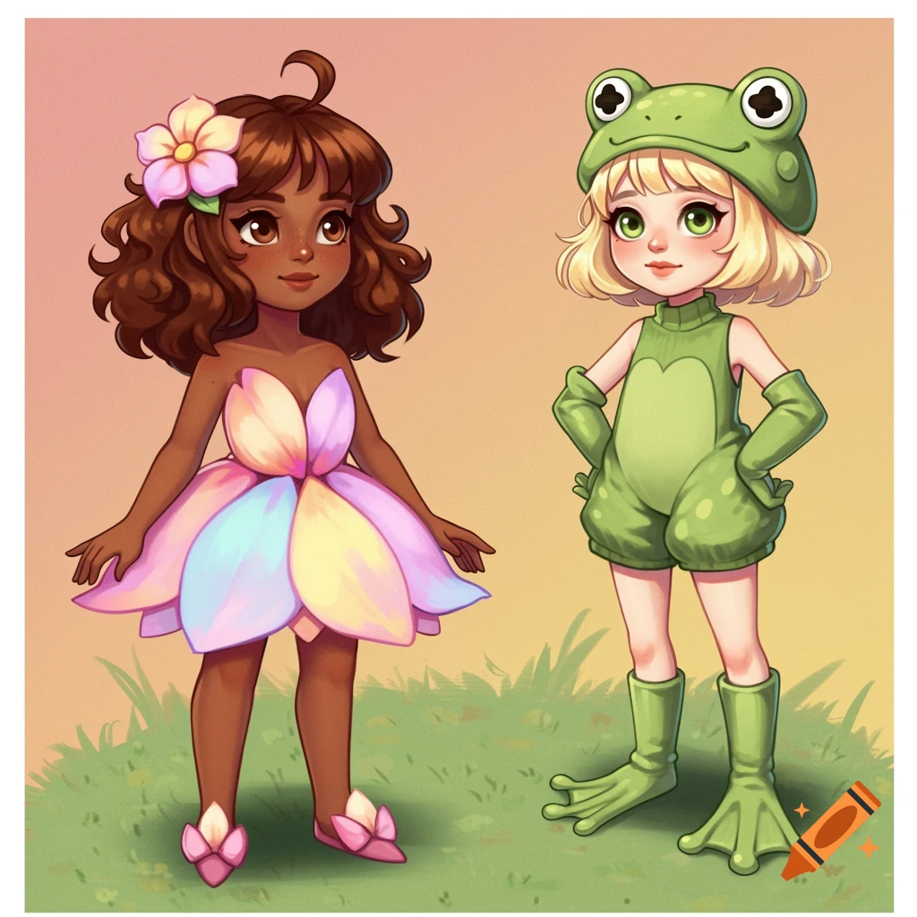 Two cartoon girls, one in a pastel petal dress, the other in a frog costume, stand on grass.