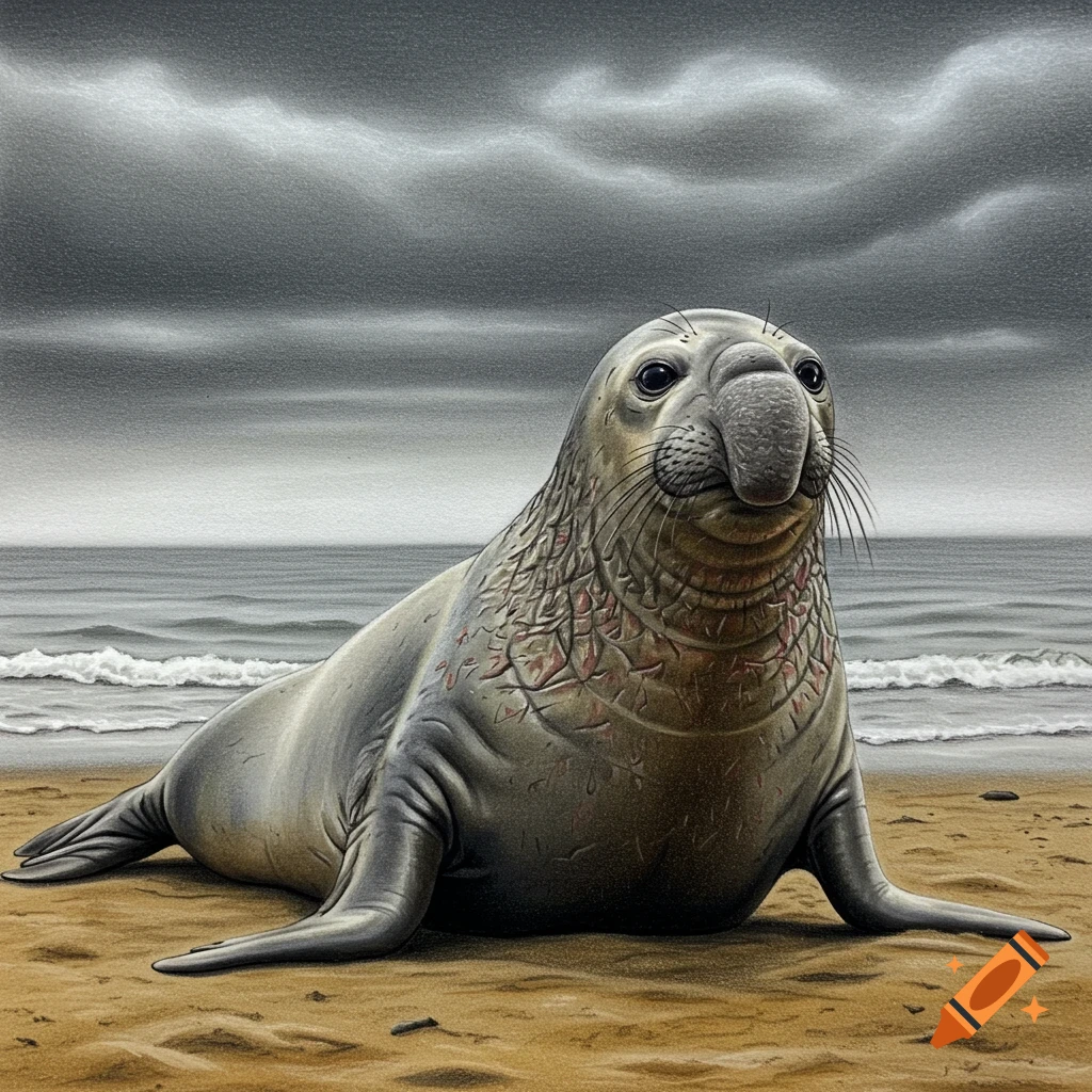 An elephant seal rests on a sandy beach under a cloudy sky.